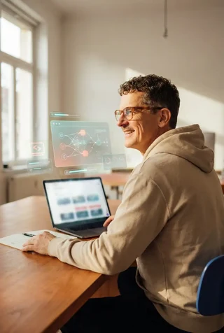 Person am Laptop mit KI-Workflow