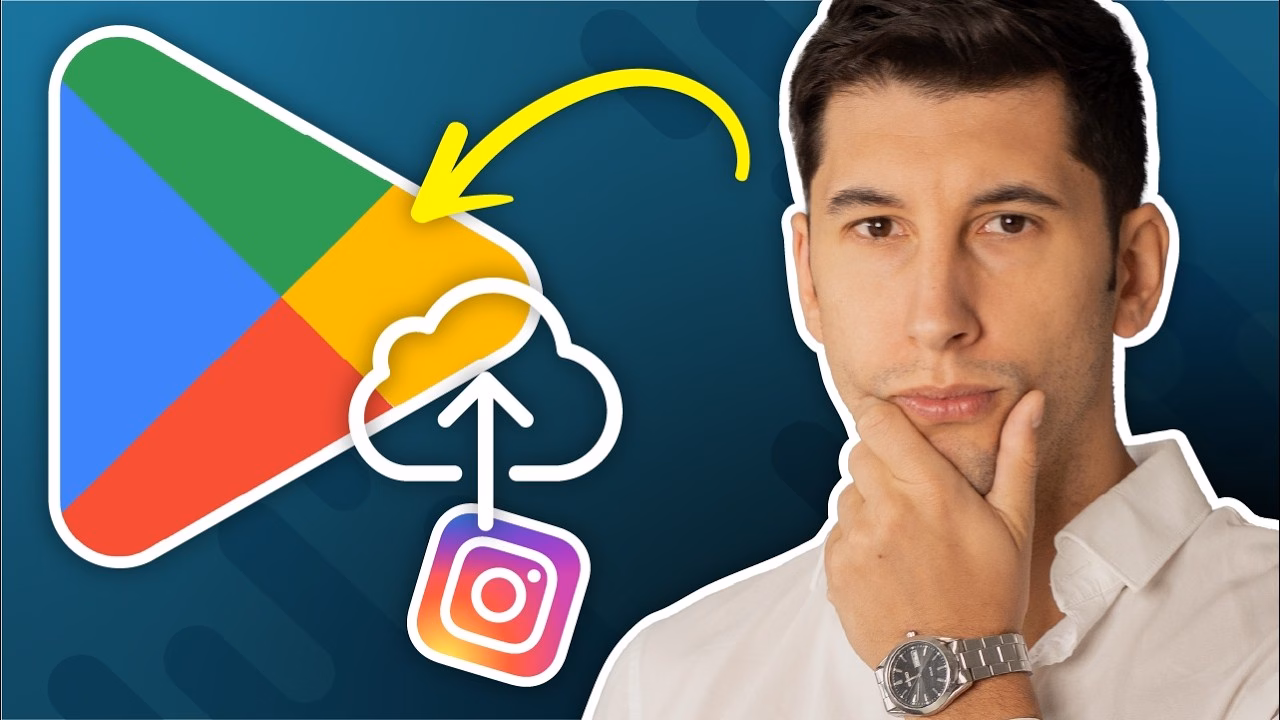 Google-Play-Logo mit Upload-Symbol und App-Icon, daneben ein nachdenklicher Mann