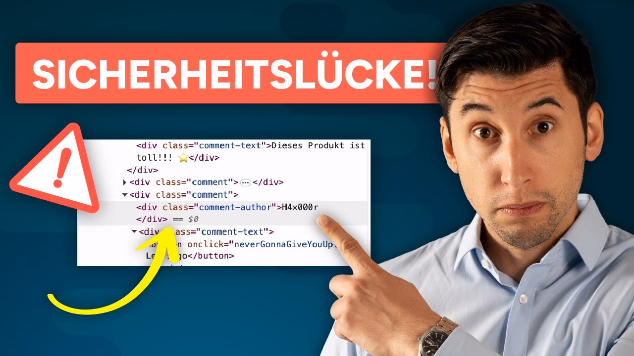 Mann zeigt auf Code mit Warndreieck, Schriftzug Sicherheitslücke
