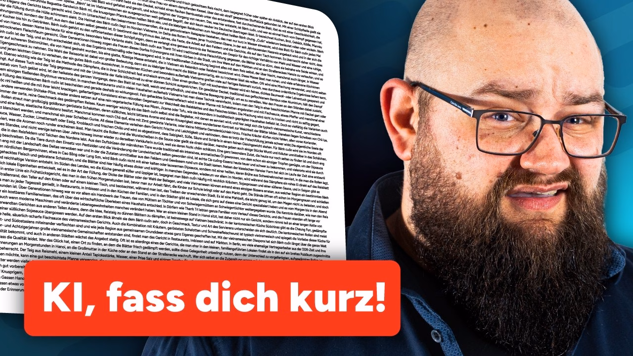 Mann mit Bart vor einer Wand aus Text, Schriftzug KI, fass dich kurz